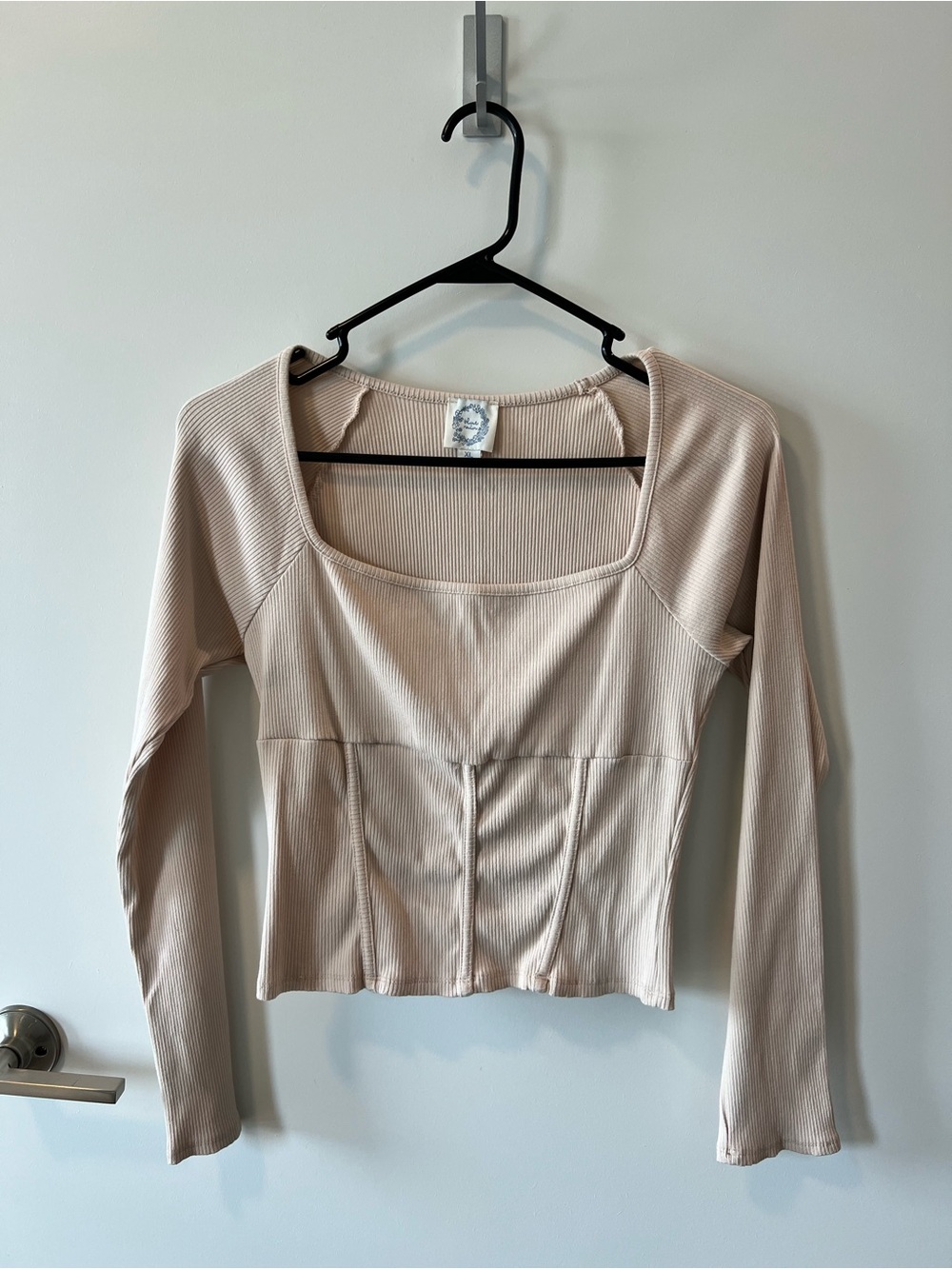 Blue Rain Ribbed Square Neck Long Sleeve Top - Beige